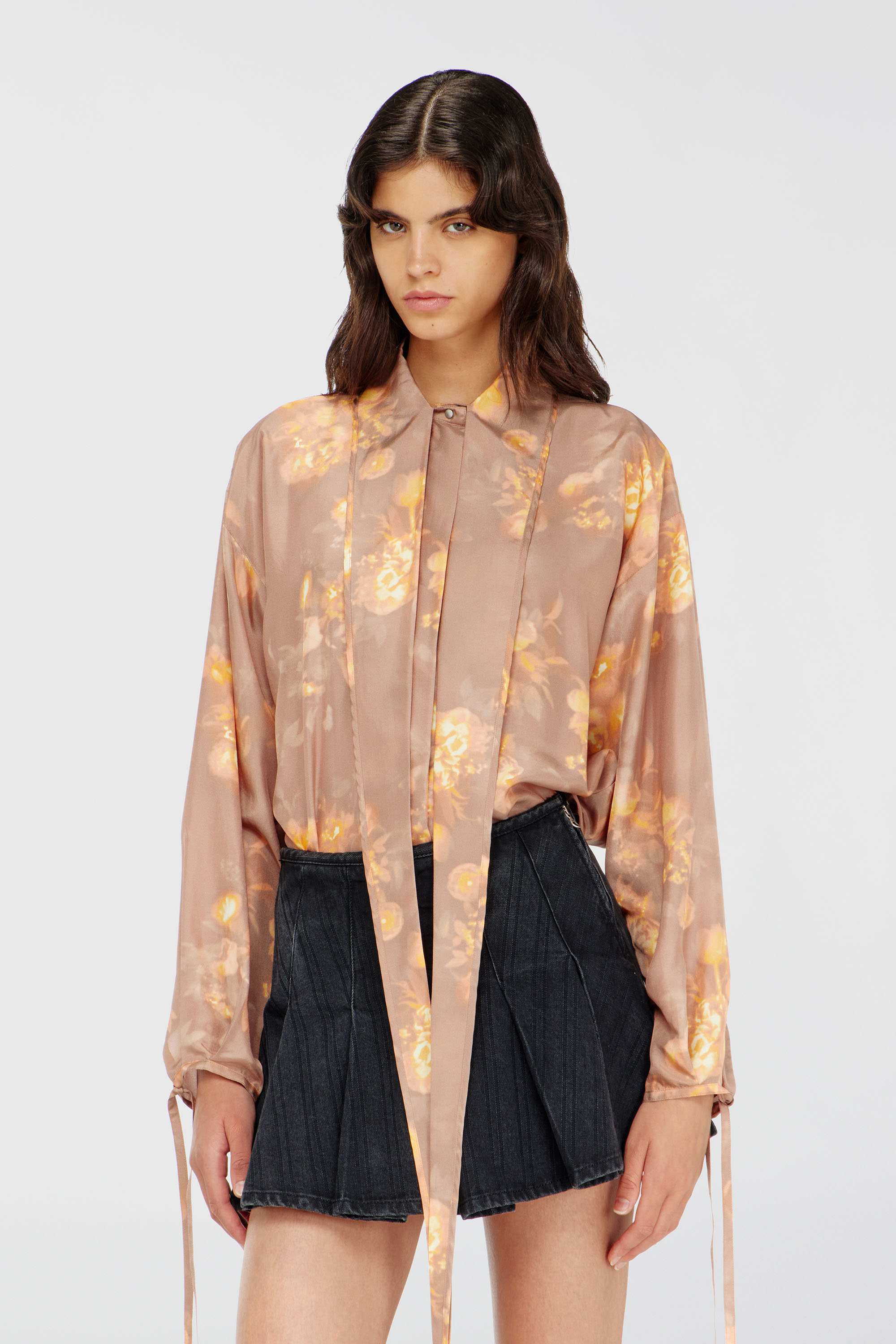 Diesel - C-ALLAS-T1, Woman's Shirt in floral-print habotai silk in Light Brown - 2
