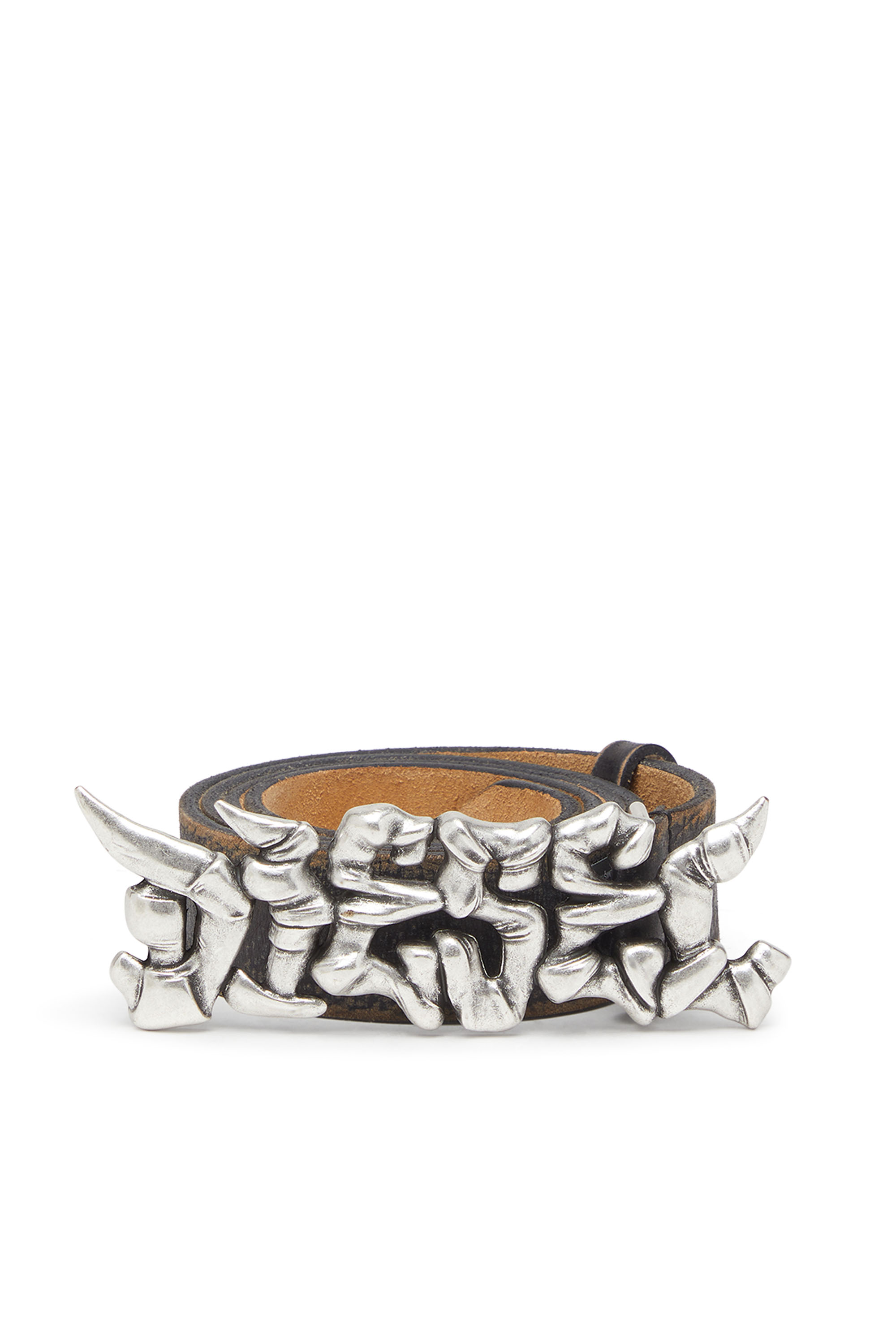 Diesel - B-GRAFFITI, Unisex's 3.5cm treated leather belt with graffiti buckle in Black/Beige - 1