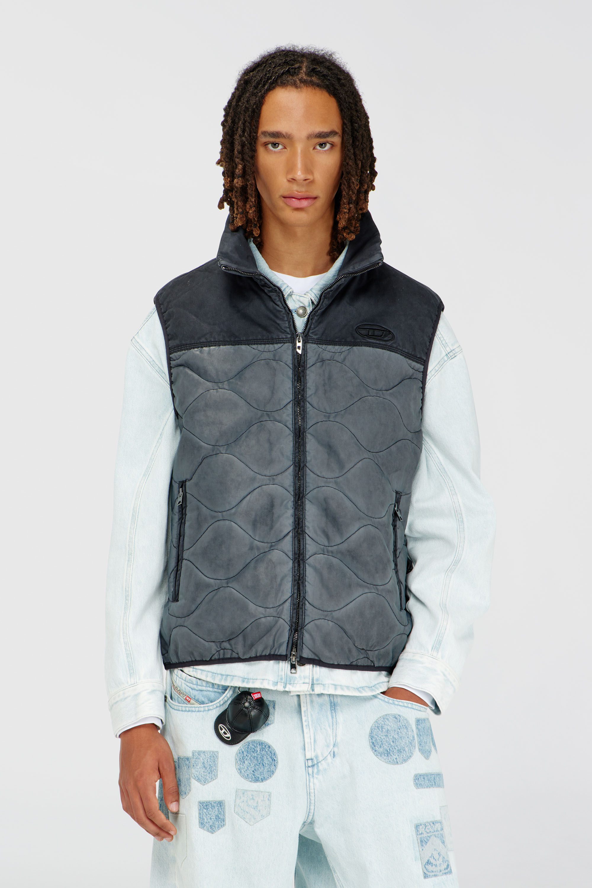 Diesel - J-ALVAR, Man's Quilted vest with fluffy neck lining in Dark grey - 1